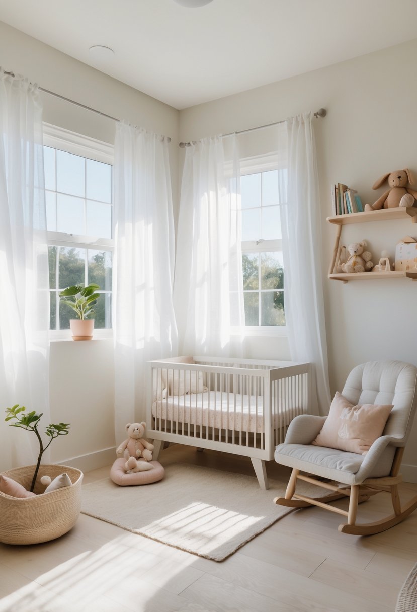 A small nursery filled with natural light coming through sheer white curtains, featuring a small crib, wooden toy shelf, and a cushioned rocking chair.