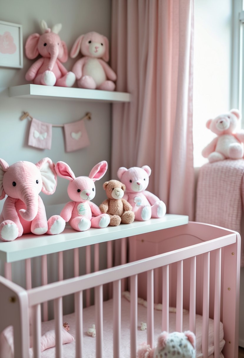 A baby nursery with pink animal plush toys displayed on a shelf next to a pastel pink crib.