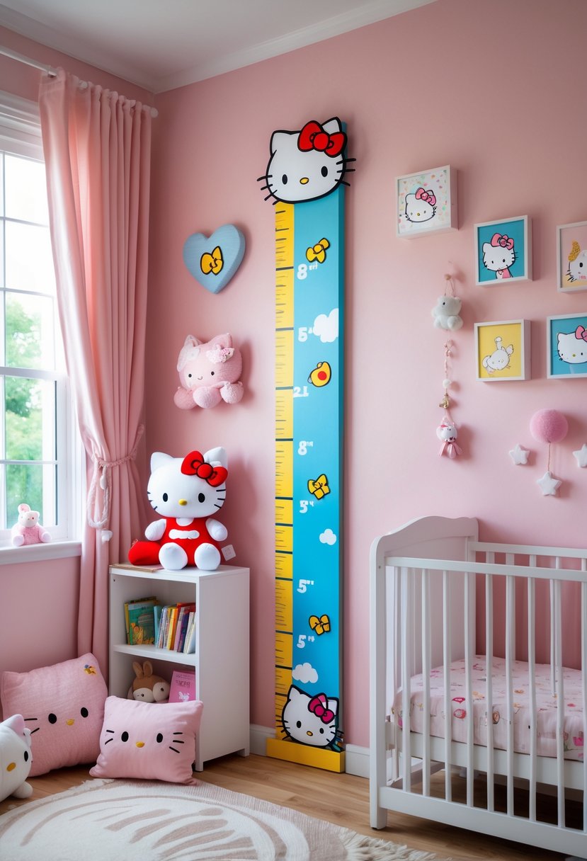 A children's nursery with a Hello Kitty themed growth chart on the wall, surrounded by plush toys, a crib, and shelves with books and toys.