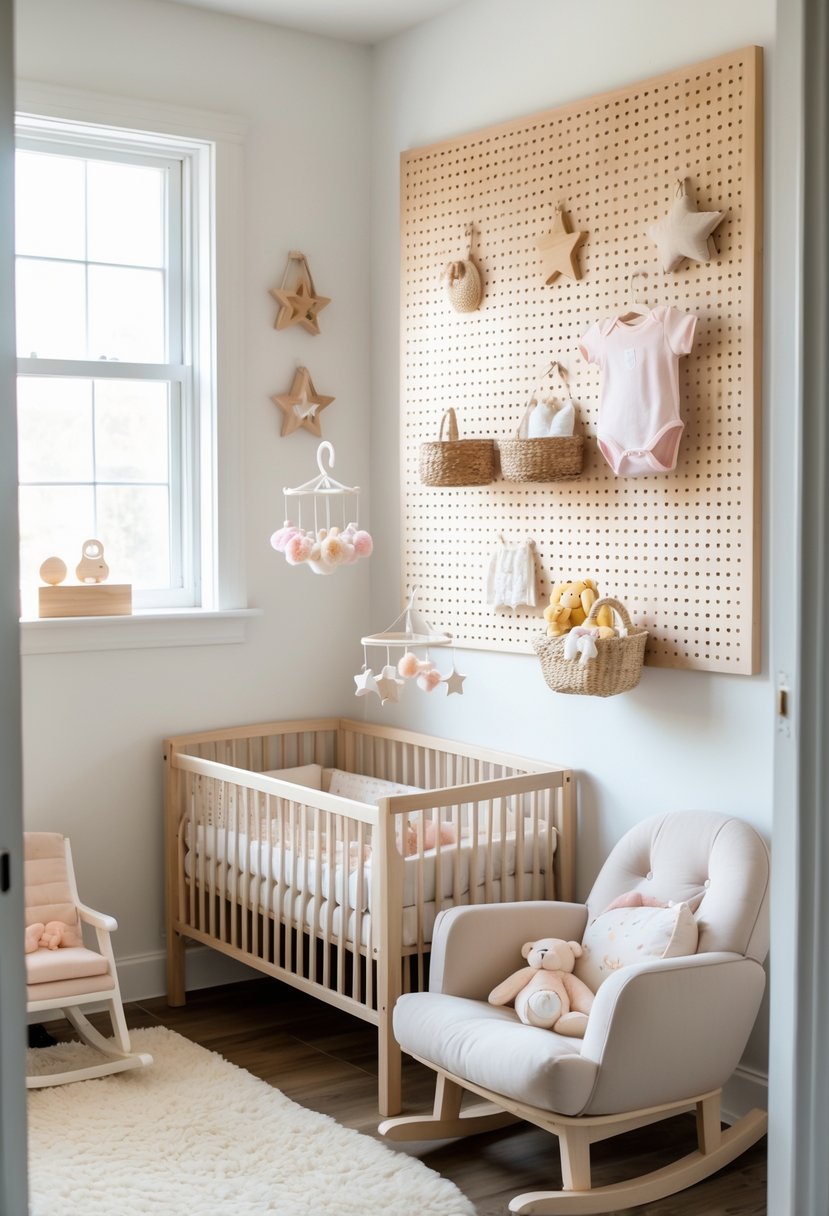 Small nursery corner with a pegboard wall holding baby essentials and decor, a crib, rocking chair, and soft rug in a well-lit room.