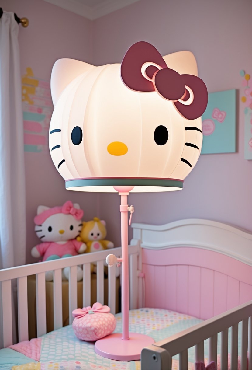 A nursery room with a Hello Kitty-themed lampshade, plush toys, a crib with pastel bedding, and soft natural light.
