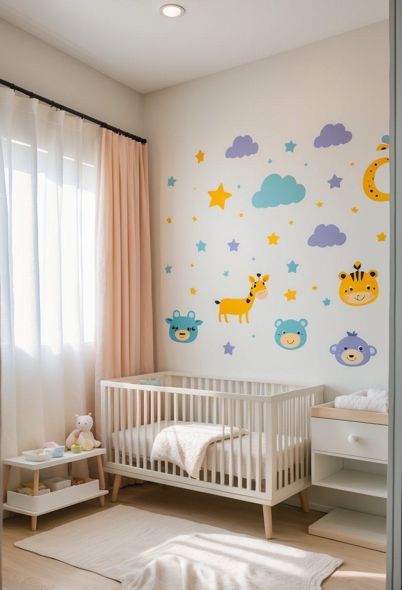 A small nursery with a crib and wall decorated with colorful animal and star decals instead of framed art.