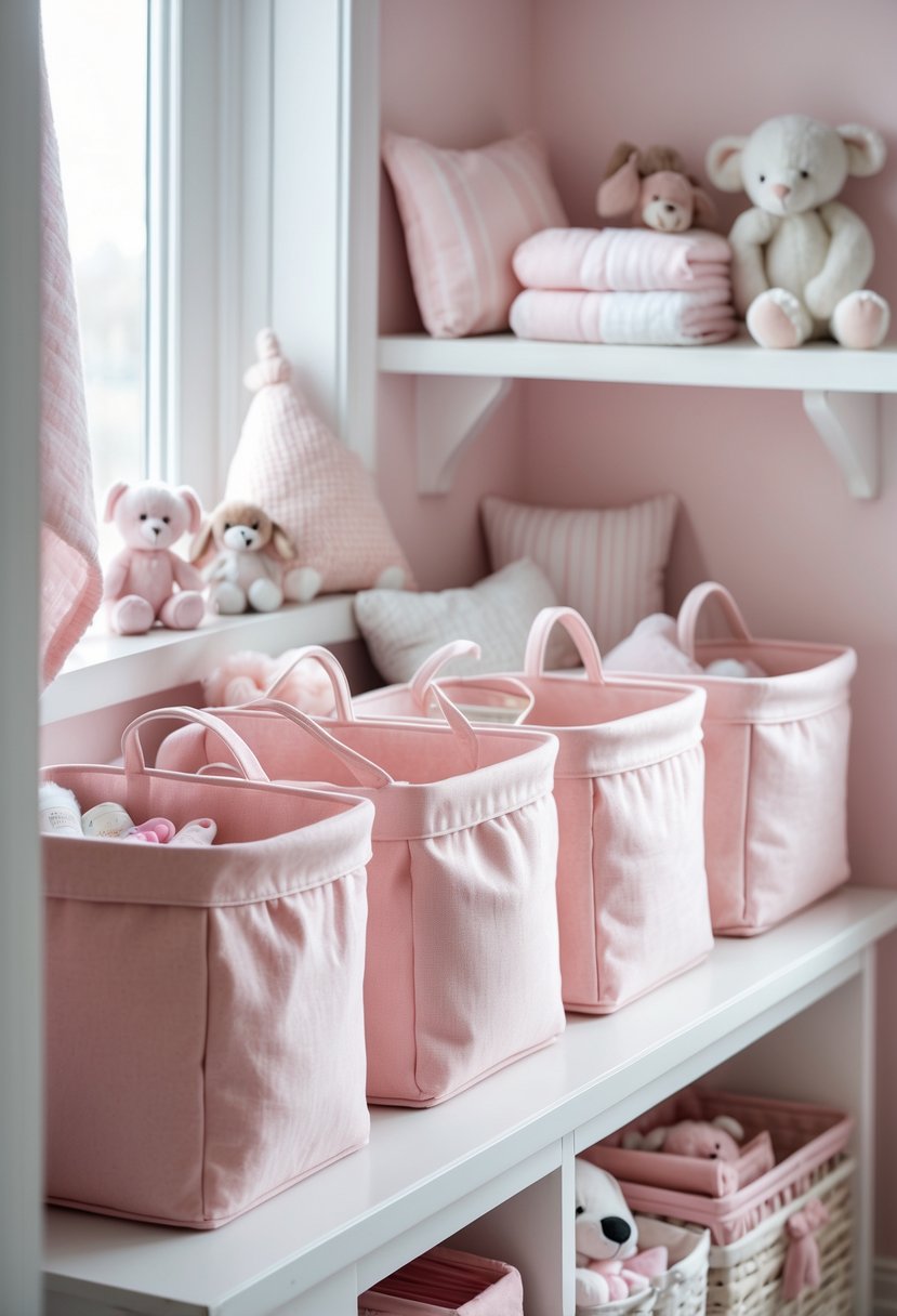 A baby nursery with soft pink organizer baskets arranged on white shelves surrounded by baby blankets and stuffed animals.