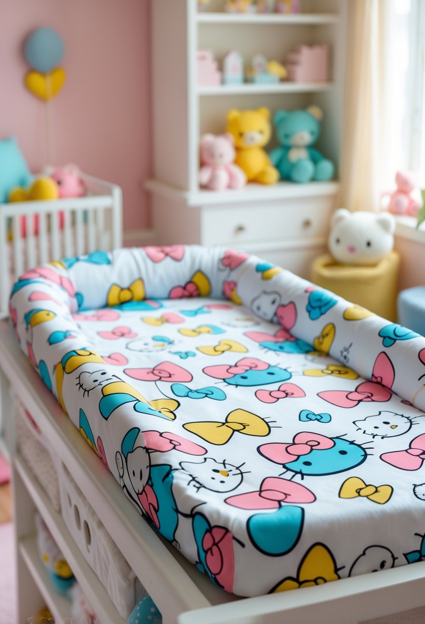 A baby changing pad with a Hello Kitty patterned cover in a bright nursery room with toys and baby items around.