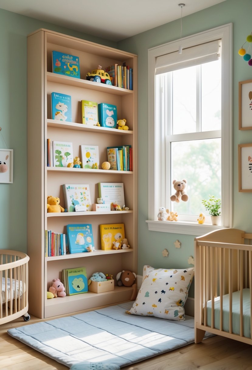 A small nursery corner with a corner bookshelf filled with books and toys next to a crib and soft floor mat.