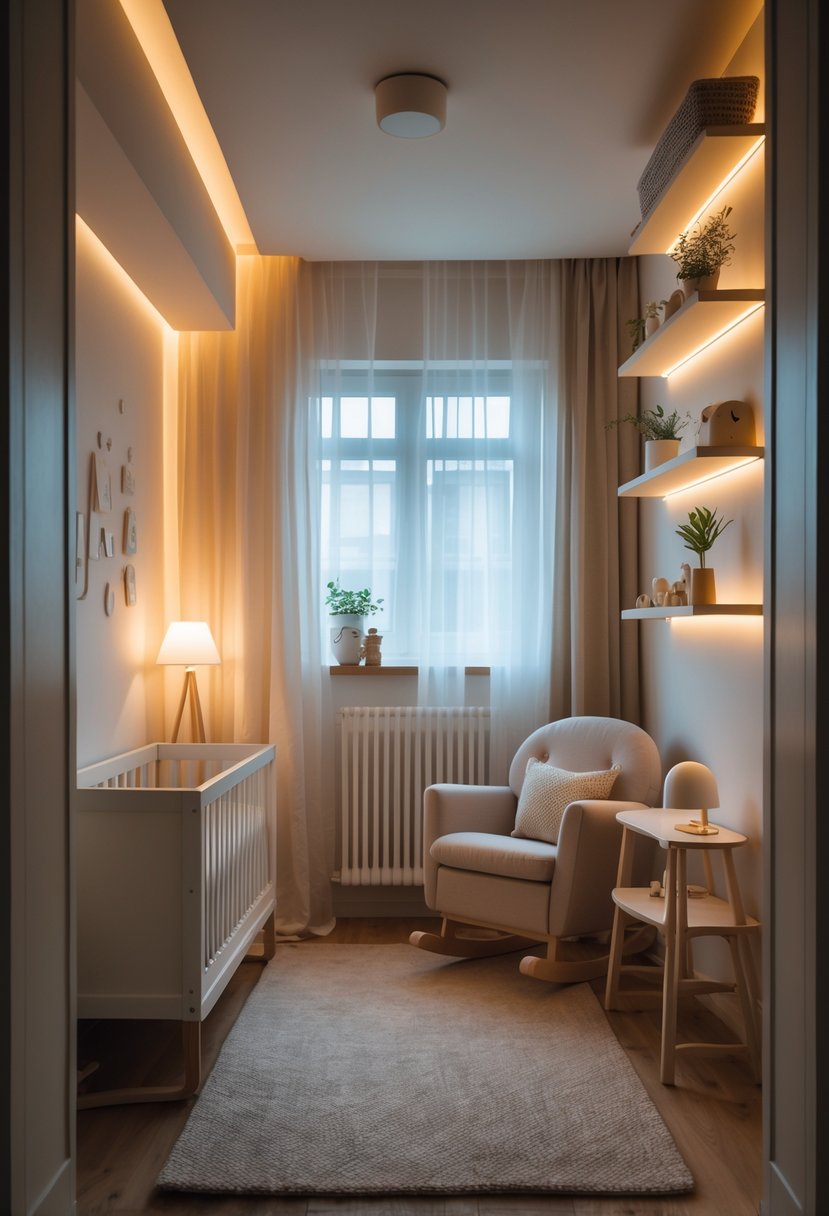 A small nursery room with a crib, rocking chair, shelves with toys and plants, softly lit by multiple dimmable lamps.
