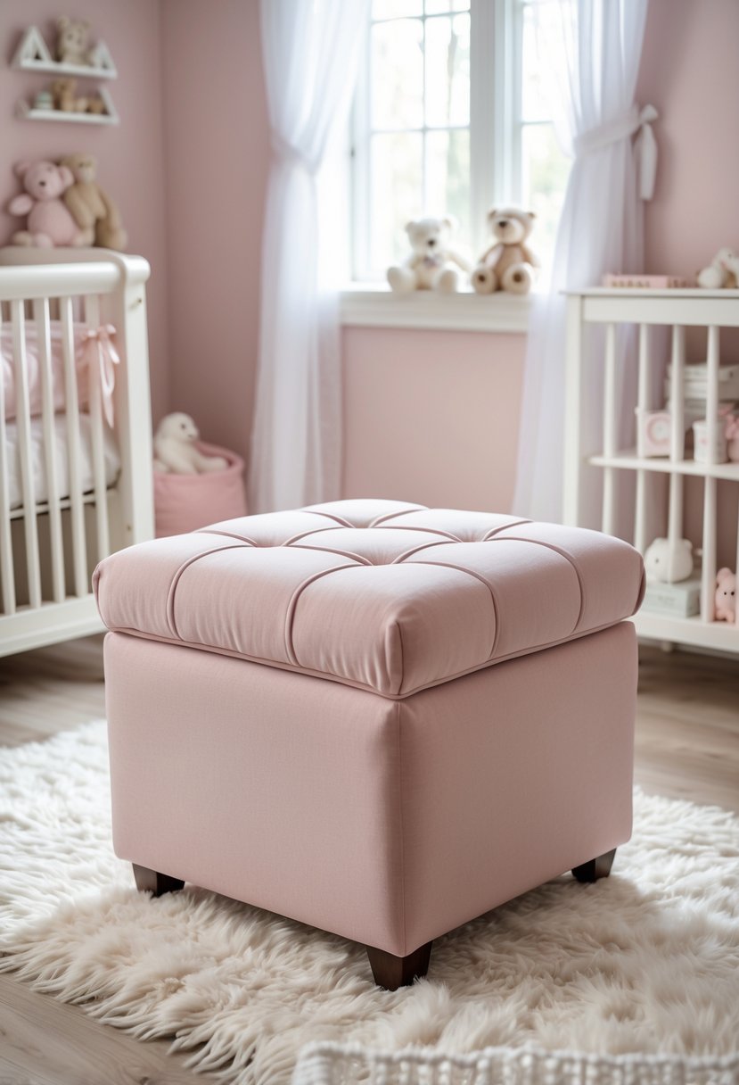 A blush pink storage ottoman used as seating in a baby nursery with soft pastel decor, a white crib, toys, and natural light coming through a window.