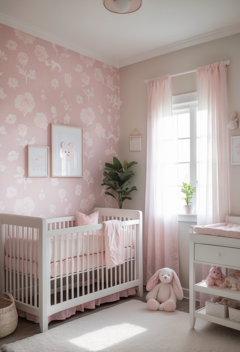 A baby nursery with a pink floral wallpaper accent wall, a crib with pink bedding, a changing table, and soft natural light coming through a window.