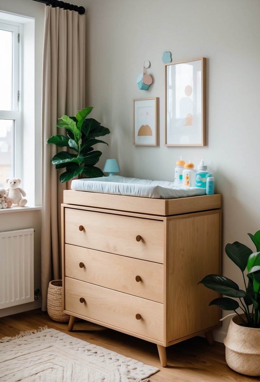 A small nursery with a compact dresser used as a changing surface, decorated with baby items and soft pastel colors.
