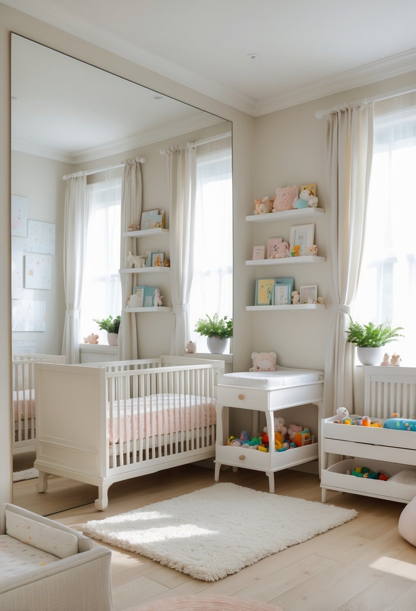 A small nursery room with a large wall mirror, a crib, shelves with toys, and natural light coming through a window.
