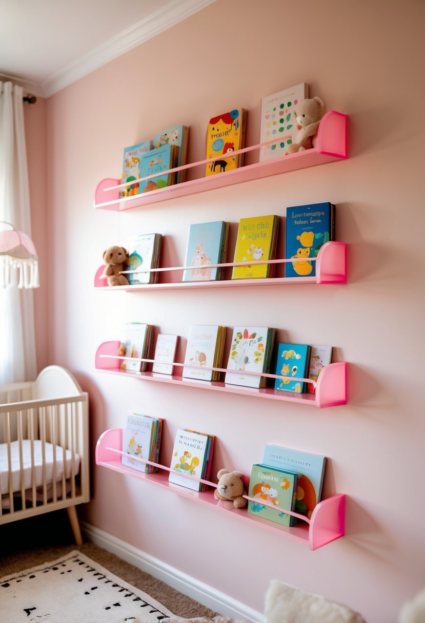 A baby nursery with pink wall shelves holding toys and books, a crib, and soft lighting.