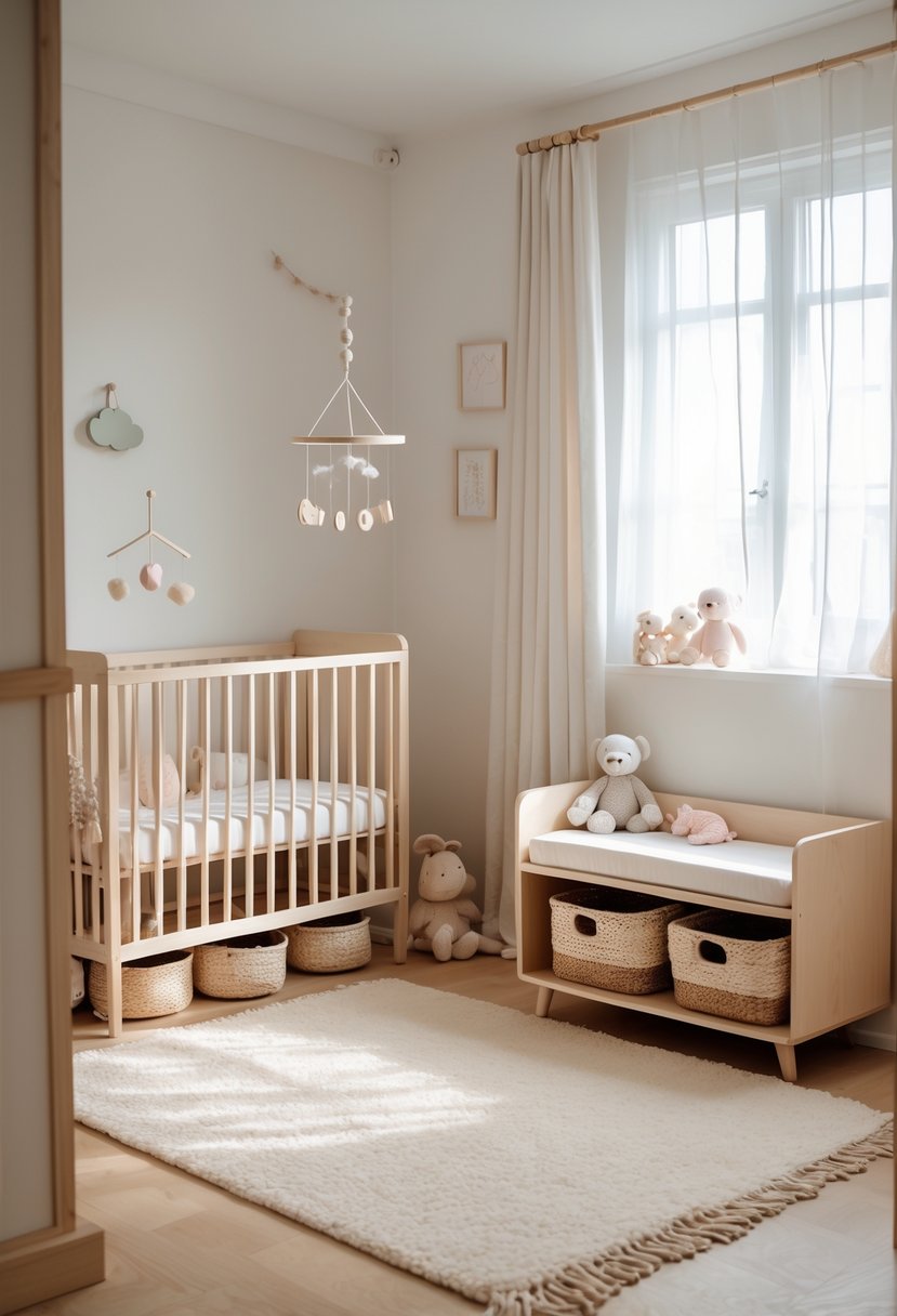 A small nursery room with a wooden crib and changing table, showing storage baskets neatly placed under the furniture.