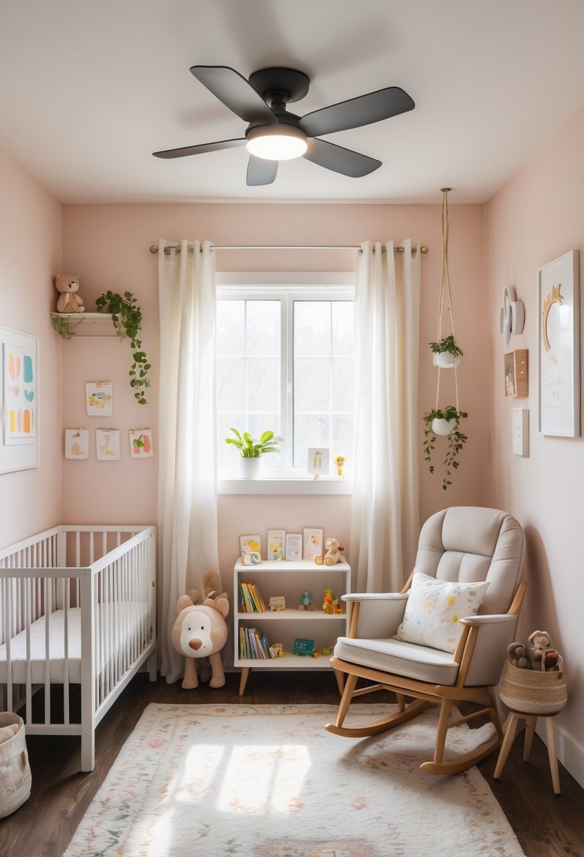 A small nursery room with a compact ceiling fan, a crib, rocking chair, toys, and decorative elements arranged to maximize the space.