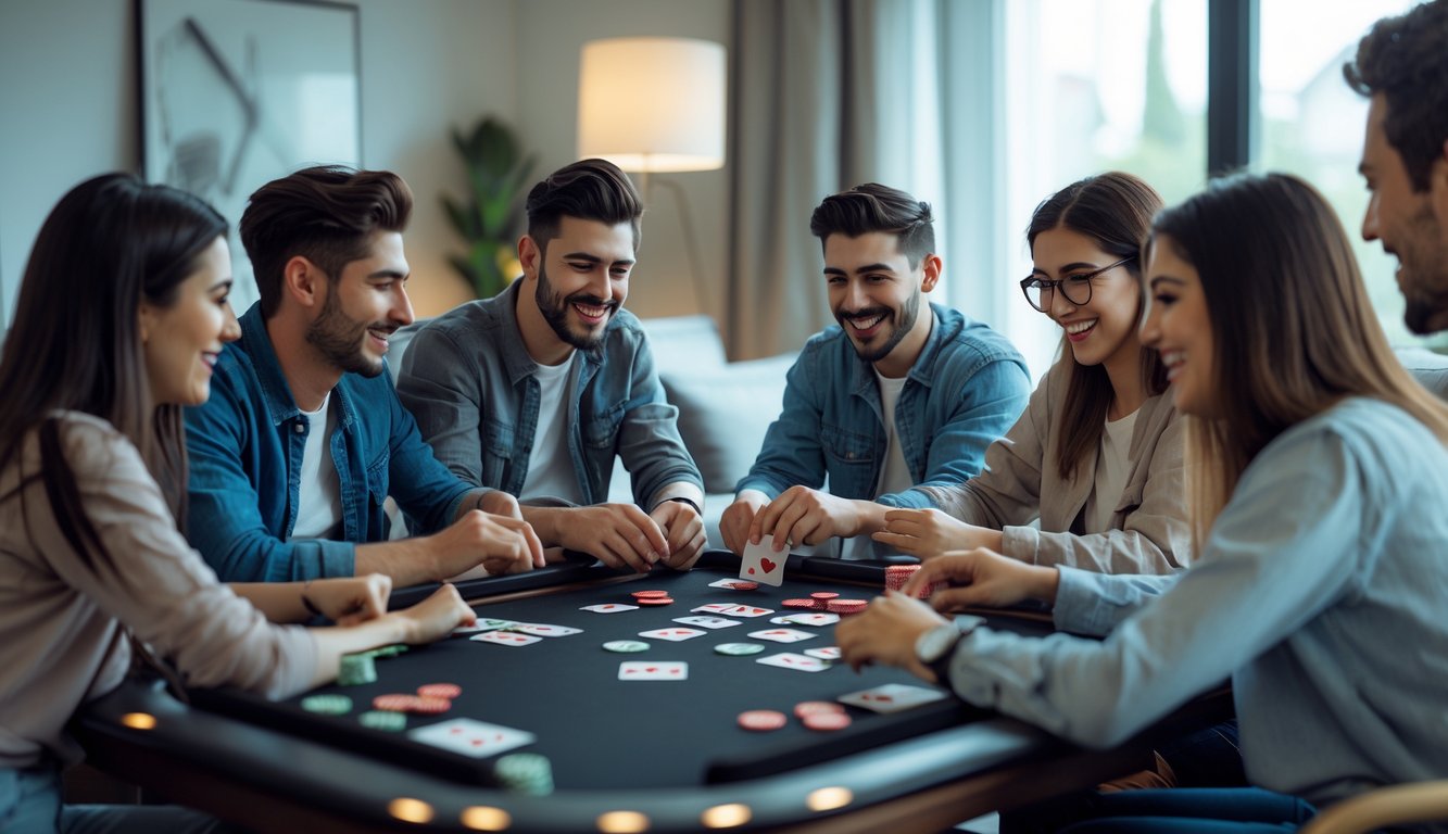 Sekelompok orang muda sedang bermain kartu di ruang tamu modern dengan suasana ceria dan santai.