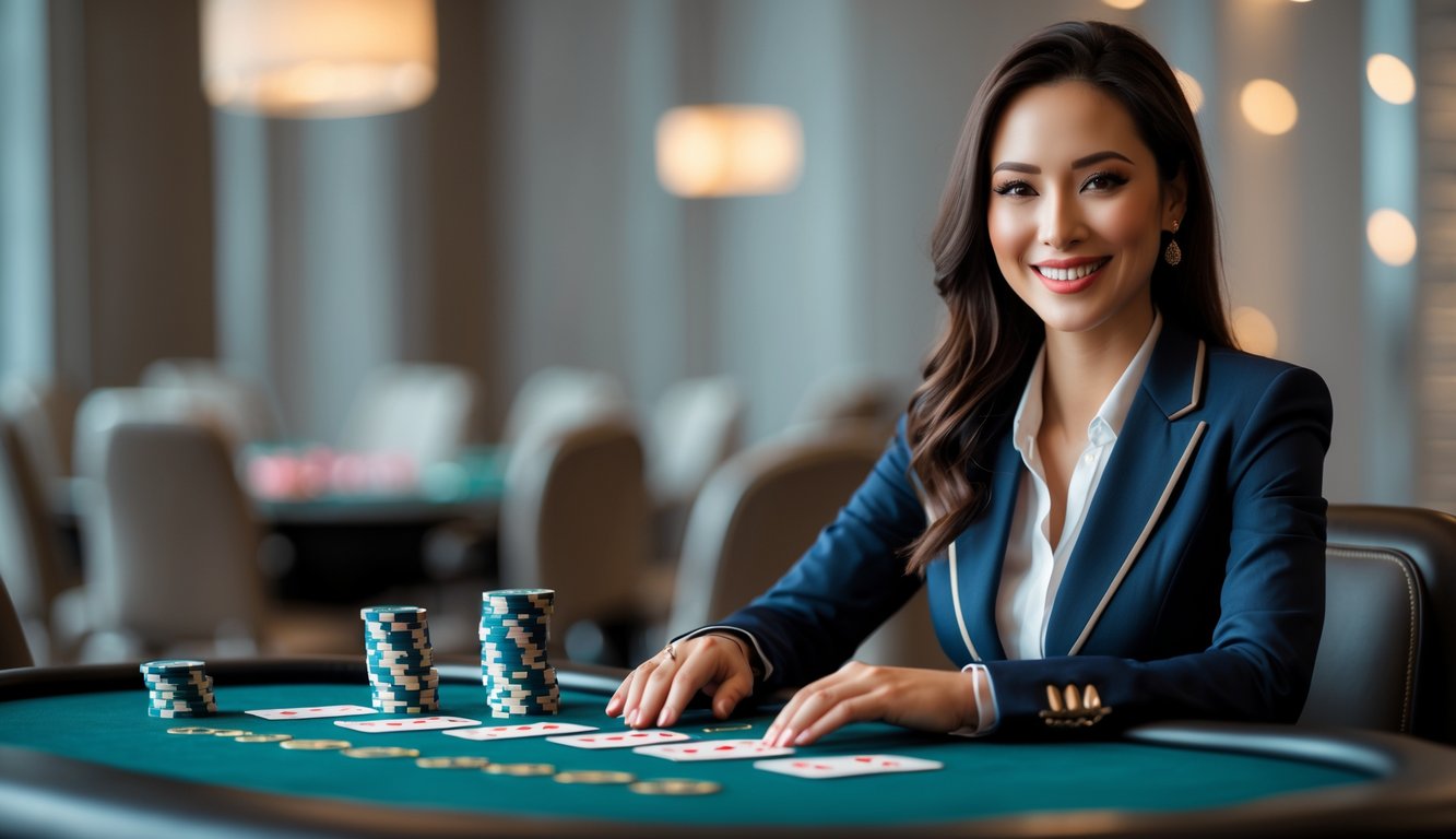 Seorang dealer wanita profesional duduk di meja kartu dengan kartu dan chip, tersenyum ramah dalam suasana permainan kartu online.