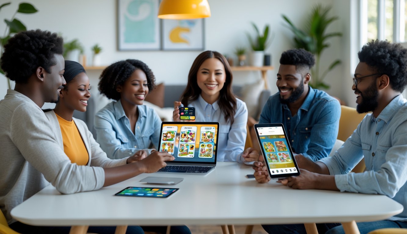 Sekelompok orang bermain kartu secara online menggunakan perangkat digital di ruang yang nyaman dan terang.