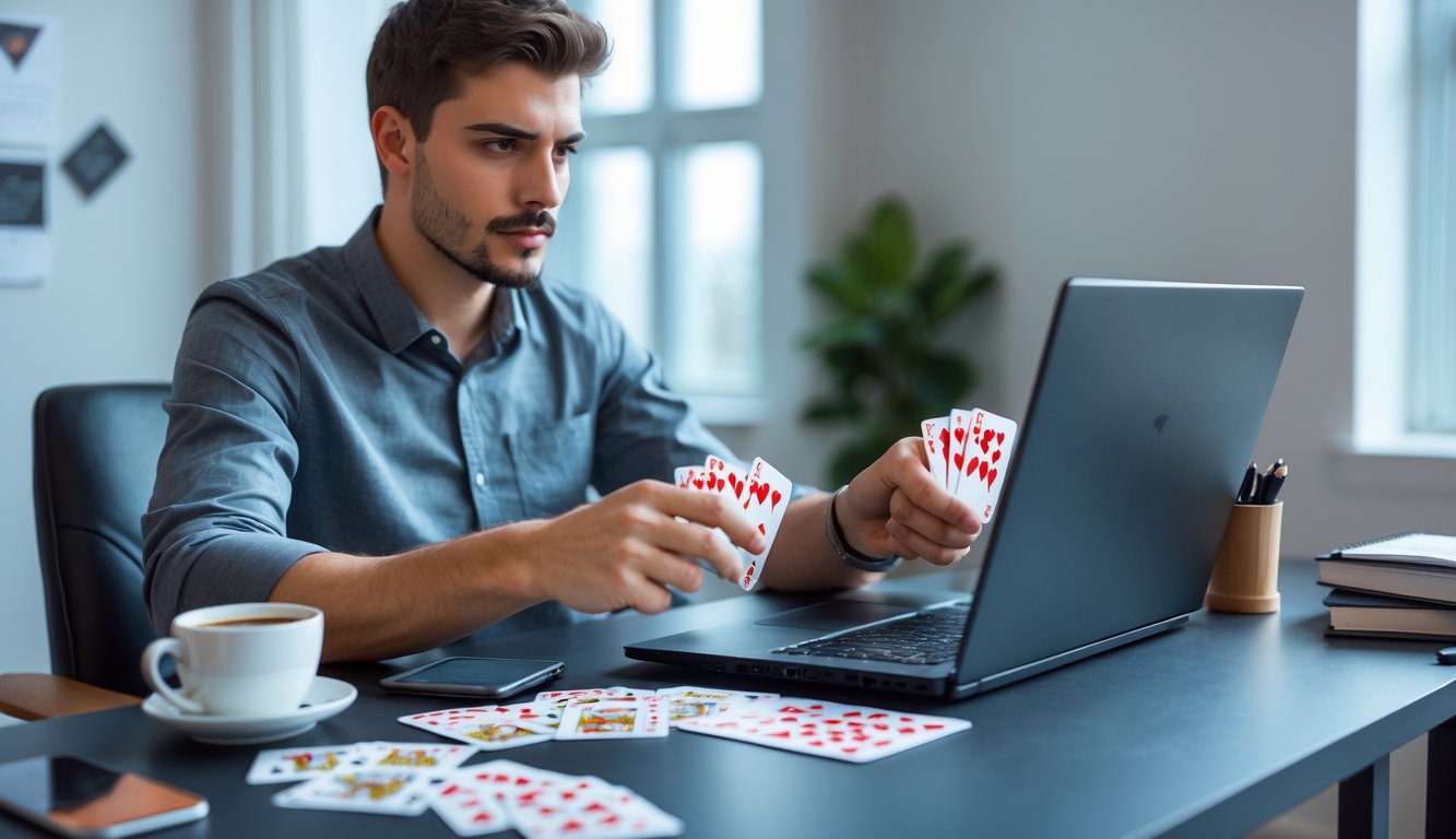 Seorang pria muda duduk di meja dengan laptop, bermain kartu online dengan fokus.