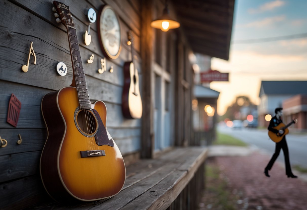 A vintage guitar leaning against a wooden wall with musical notes and a small-town street scene in the background, suggesting Tupelo’s musical history and Elvis Presley’s legacy.