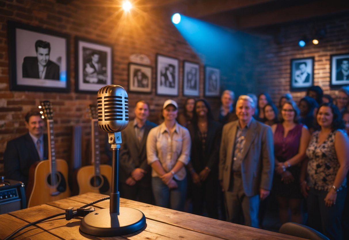 A vintage microphone on a wooden stage with a guitar and amplifier nearby, surrounded by people enjoying live music in a warm, nostalgic setting.