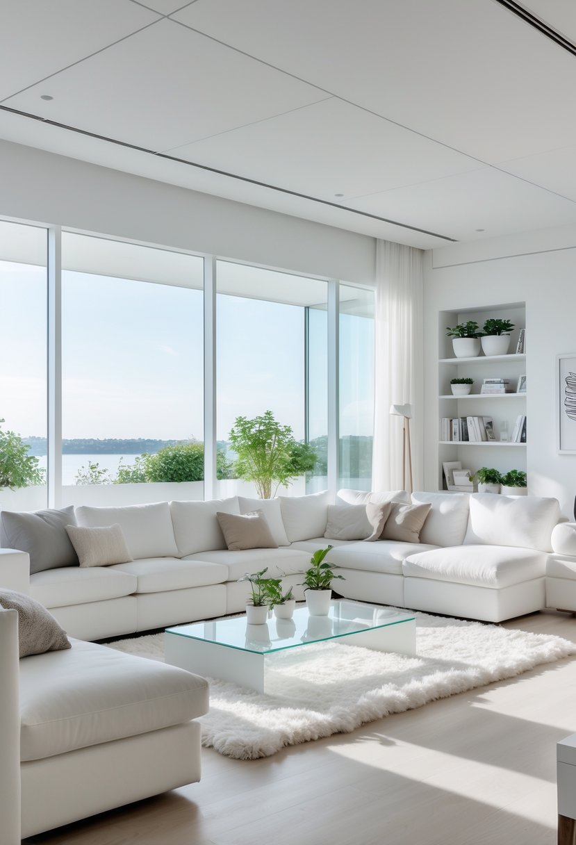 White Living Room Ideas 2026: 22 Elegant Designs for a Bright, Modern Space 2 A bright white living room with a large sofa, coffee table, indoor plants, and large windows letting in natural light.