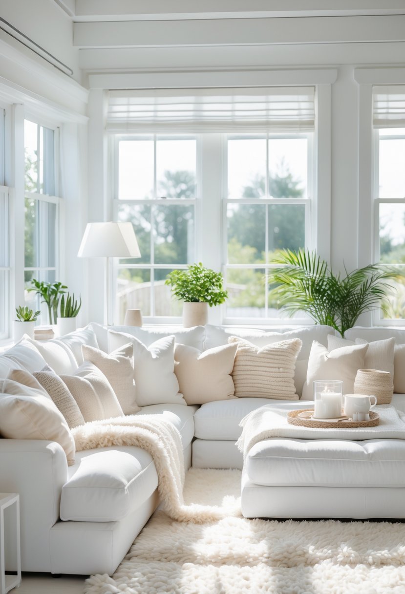 White Living Room Ideas 2026: 22 Elegant Designs for a Bright, Modern Space 3 A bright white living room with plush rugs and multiple throw pillows on a sofa, illuminated by natural light.