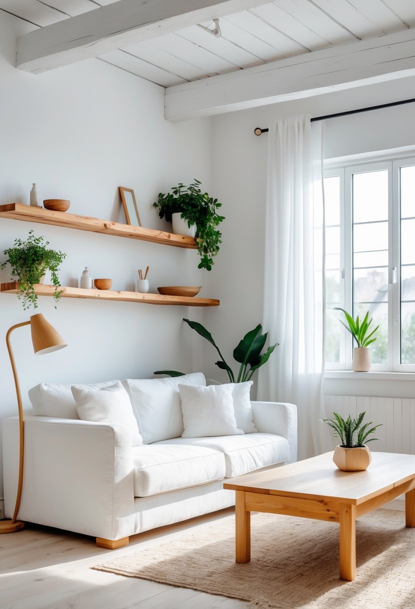 White Living Room Ideas 2026: 22 Elegant Designs for a Bright, Modern Space 4 A white living room with a sofa, wooden coffee table, wooden shelves, and plants, illuminated by natural light.