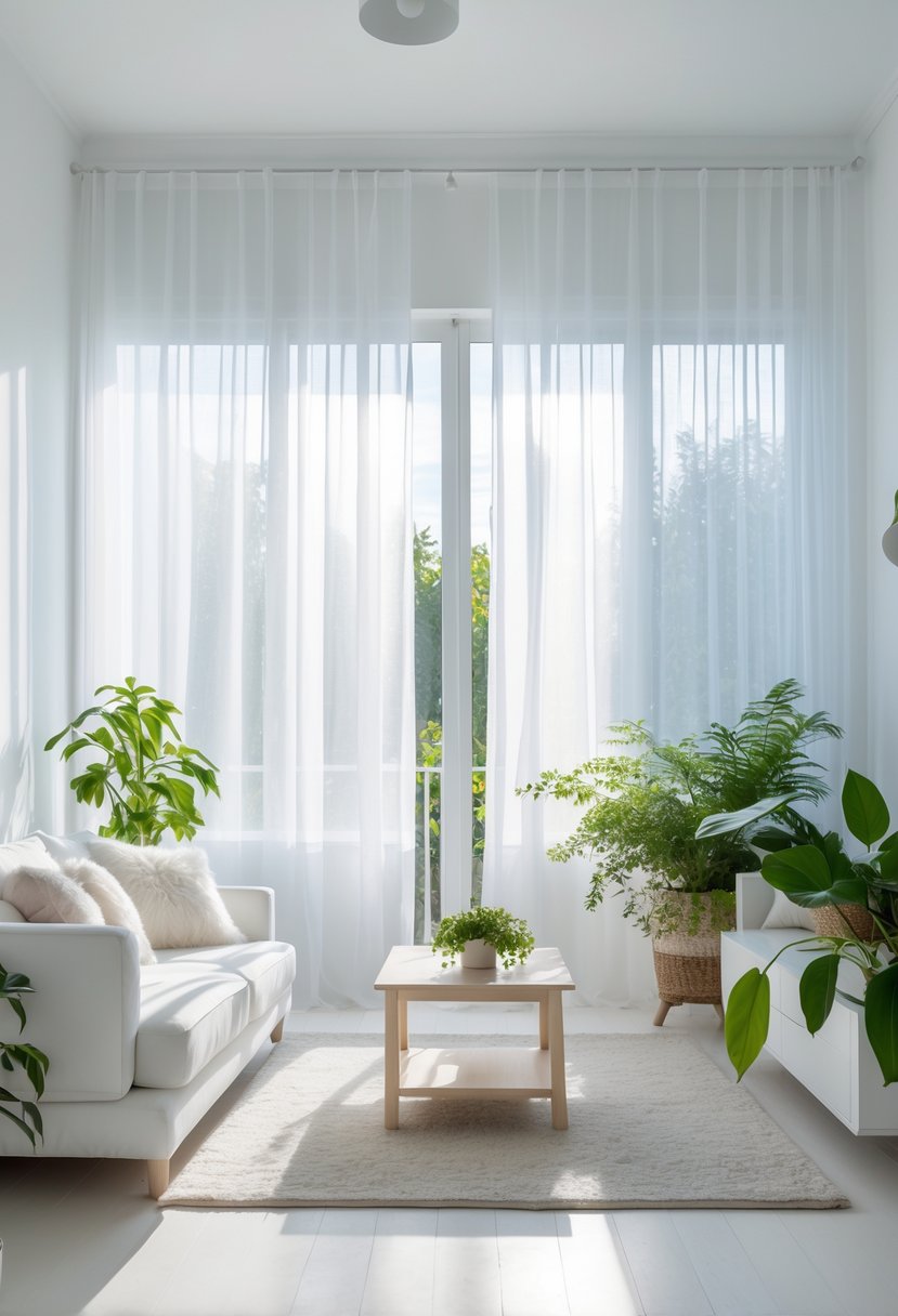 White Living Room Ideas 2026: 22 Elegant Designs for a Bright, Modern Space 5 A bright white living room with large windows covered by sheer white curtains, a white sofa, wooden coffee table, and green plants.