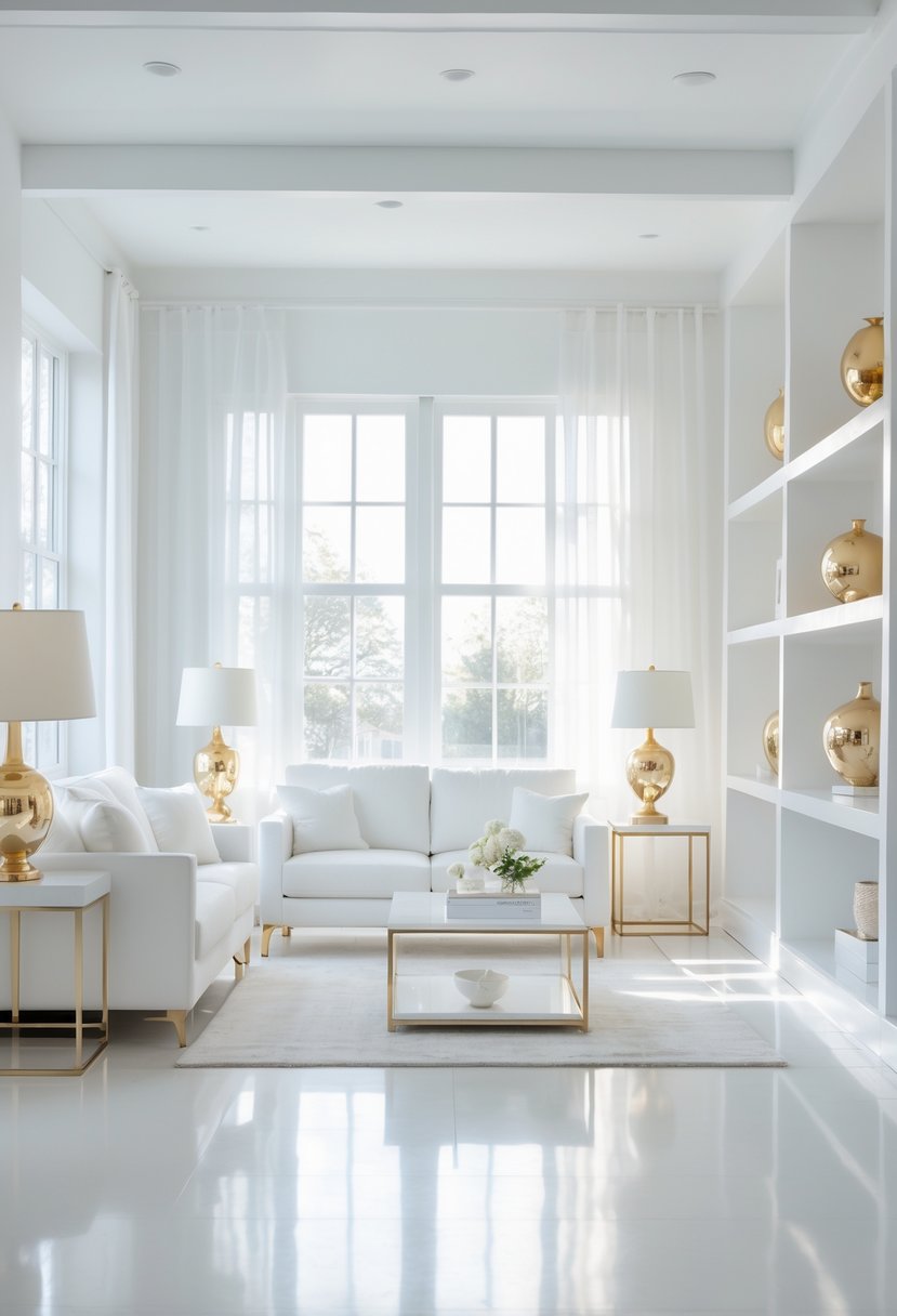 White Living Room Ideas 2026: 22 Elegant Designs for a Bright, Modern Space 6 A white living room with a sofa, coffee table, and metallic gold and silver lamps.