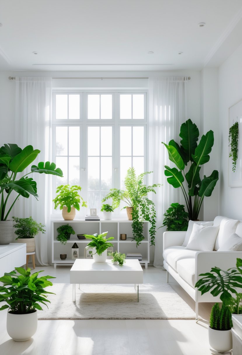 White Living Room Ideas 2026: 22 Elegant Designs for a Bright, Modern Space 7 A bright white living room with a sofa, coffee table, and several green plants placed around the space.