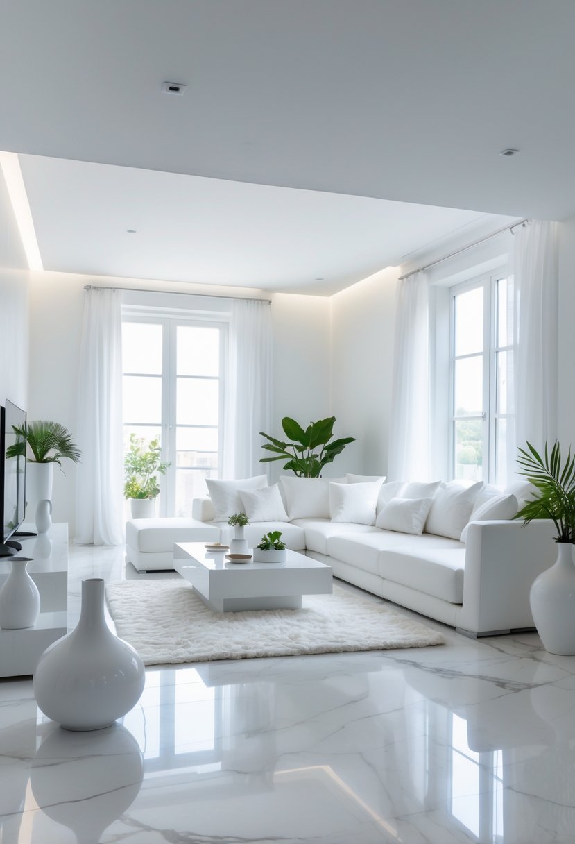 White Living Room Ideas 2026: 22 Elegant Designs for a Bright, Modern Space 9 A bright white living room with a sofa, coffee table, and plants, featuring a mix of matte and glossy white surfaces.