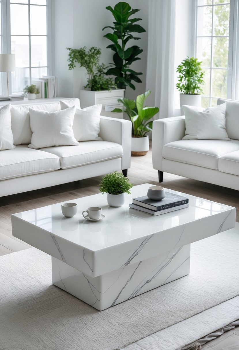 White Living Room Ideas 2026: 22 Elegant Designs for a Bright, Modern Space 10 A bright living room with a white marble coffee table surrounded by white sofas and natural light coming through large windows.