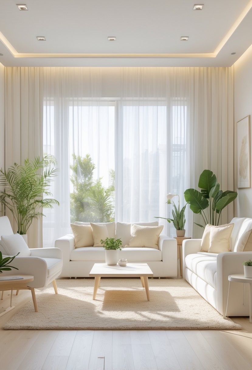 White Living Room Ideas 2026: 22 Elegant Designs for a Bright, Modern Space 11 A bright living room with a white sofa, beige cushions, a wooden coffee table, and large windows letting in natural light.