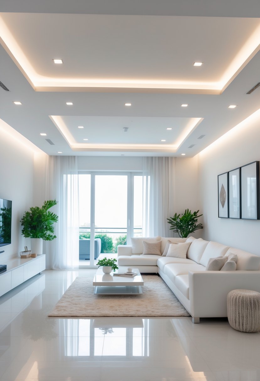 White Living Room Ideas 2026: 22 Elegant Designs for a Bright, Modern Space 13 A white living room with recessed ceiling lights evenly illuminating the space, featuring a sofa, coffee table, and plants.