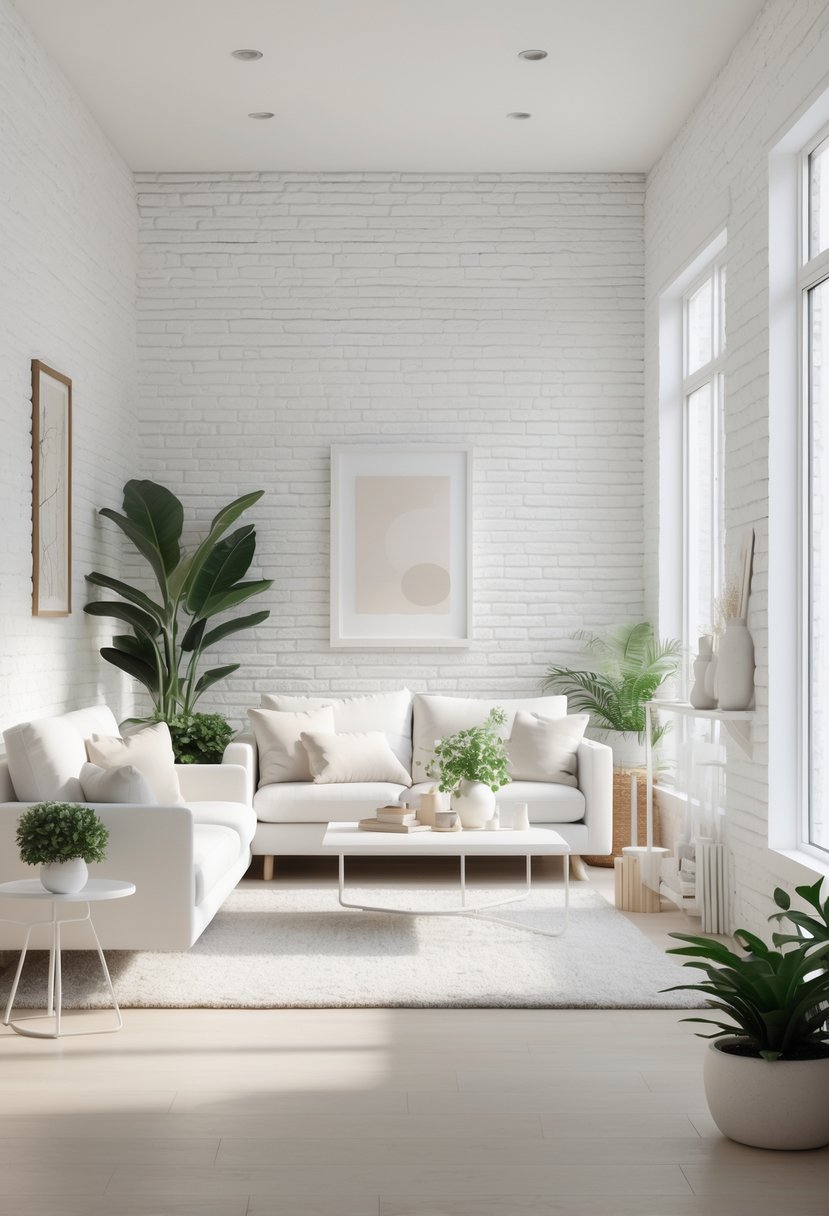 White Living Room Ideas 2026: 22 Elegant Designs for a Bright, Modern Space 14 A bright living room with whitewashed brick walls, white furniture, large windows, and natural light.