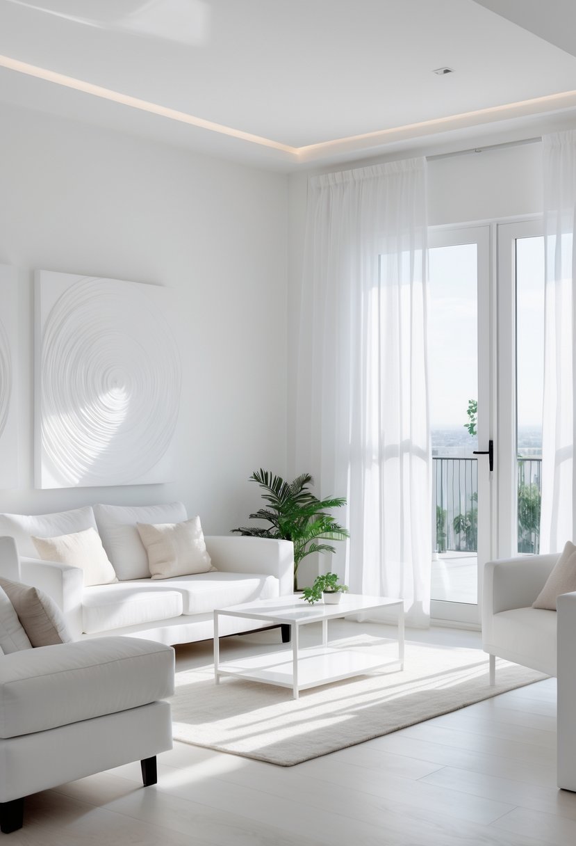 White Living Room Ideas 2026: 22 Elegant Designs for a Bright, Modern Space 15 A bright white living room with a sofa, coffee table, and artwork on the walls.