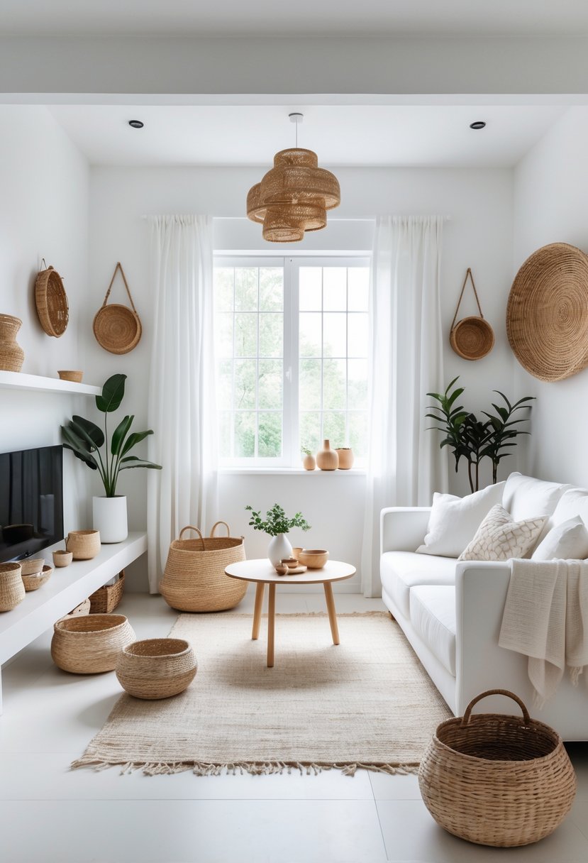 White Living Room Ideas 2026: 22 Elegant Designs for a Bright, Modern Space 16 A bright white living room with a white sofa, wooden coffee table, large windows, and woven baskets used as storage and decoration.