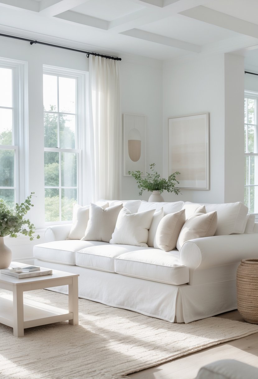 White Living Room Ideas 2026: 22 Elegant Designs for a Bright, Modern Space 17 A bright living room with a white slipcovered sofa, natural light, and simple modern decor.