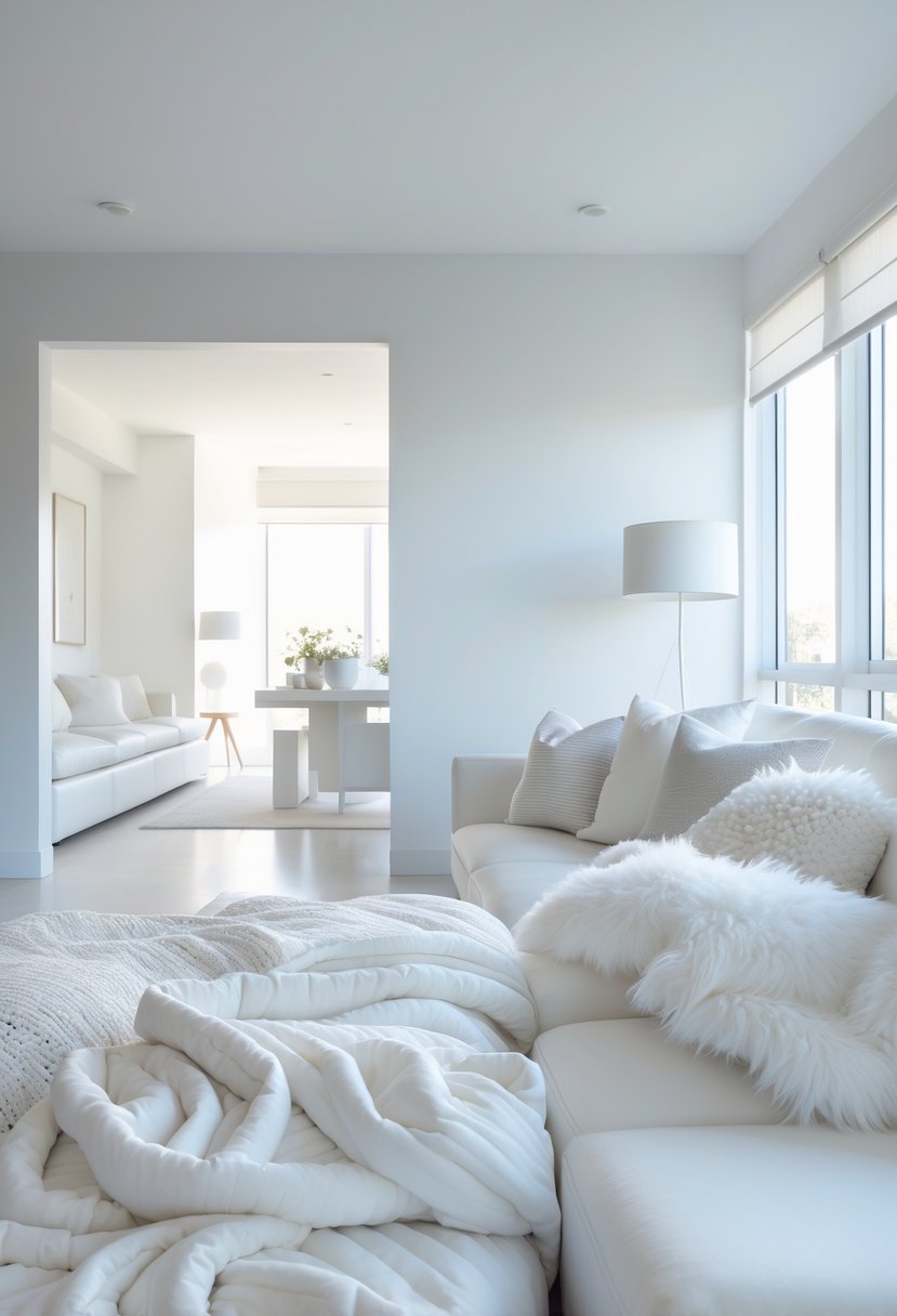White Living Room Ideas 2026: 22 Elegant Designs for a Bright, Modern Space 18 Bright white living room with adjoining spaces and layered white bedding on a sofa.