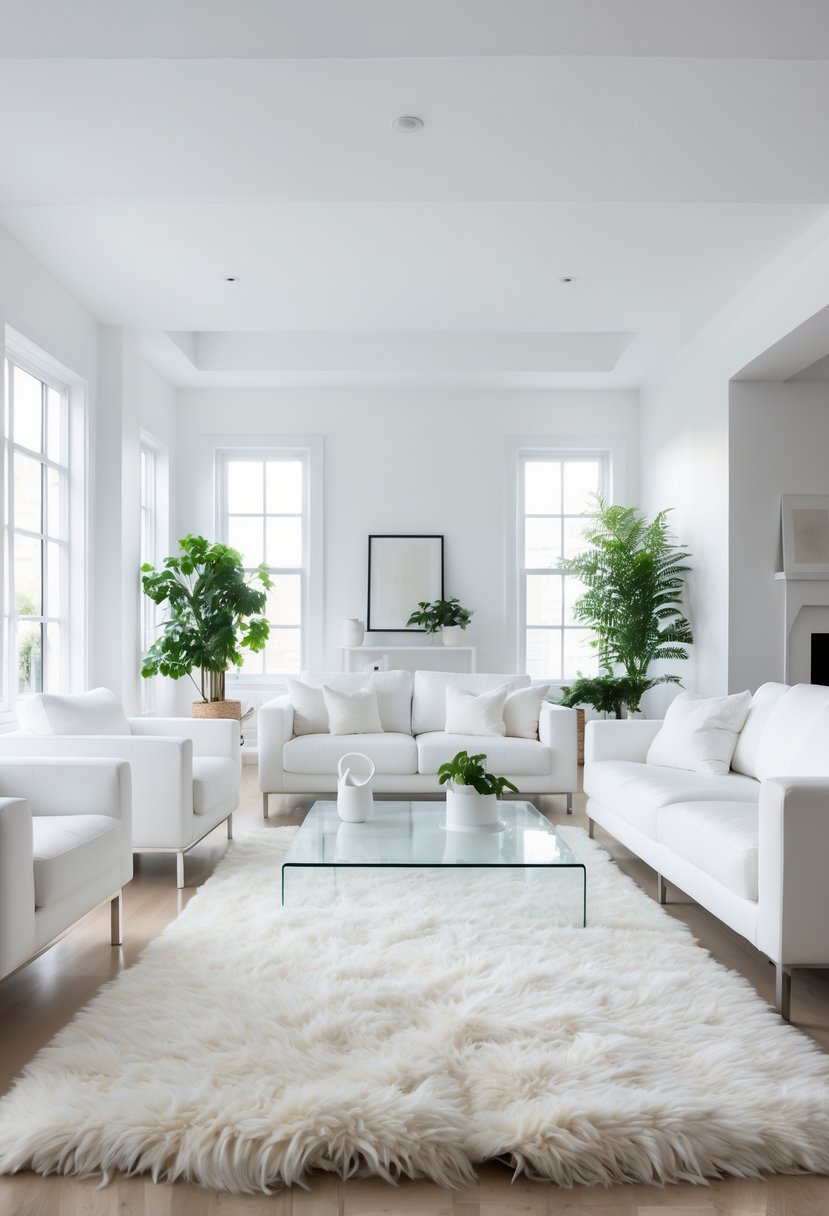 White Living Room Ideas 2026: 22 Elegant Designs for a Bright, Modern Space 19 A white living room with a soft white shag rug, white furniture, large windows, and green plants.