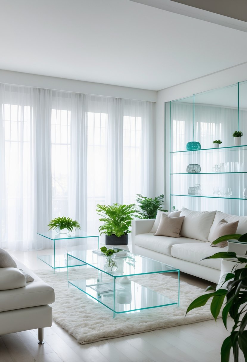 White Living Room Ideas 2026: 22 Elegant Designs for a Bright, Modern Space 20 A bright living room with white furniture and glass tables, filled with natural light and plants.