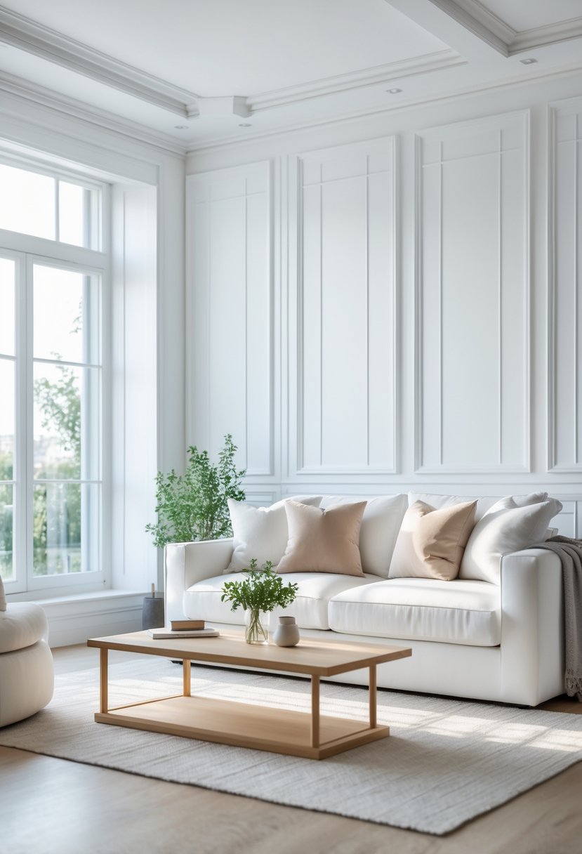 White Living Room Ideas 2026: 22 Elegant Designs for a Bright, Modern Space 21 A bright living room with white paneled walls, a white sofa, wooden coffee table, and plants near large windows.