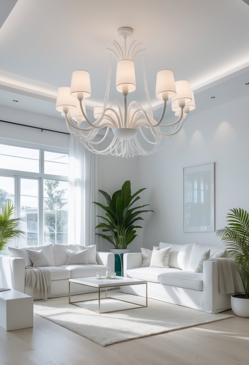 White Living Room Ideas 2026: 22 Elegant Designs for a Bright, Modern Space 22 Bright white living room with a large white chandelier hanging from the ceiling above a white sofa and coffee table.