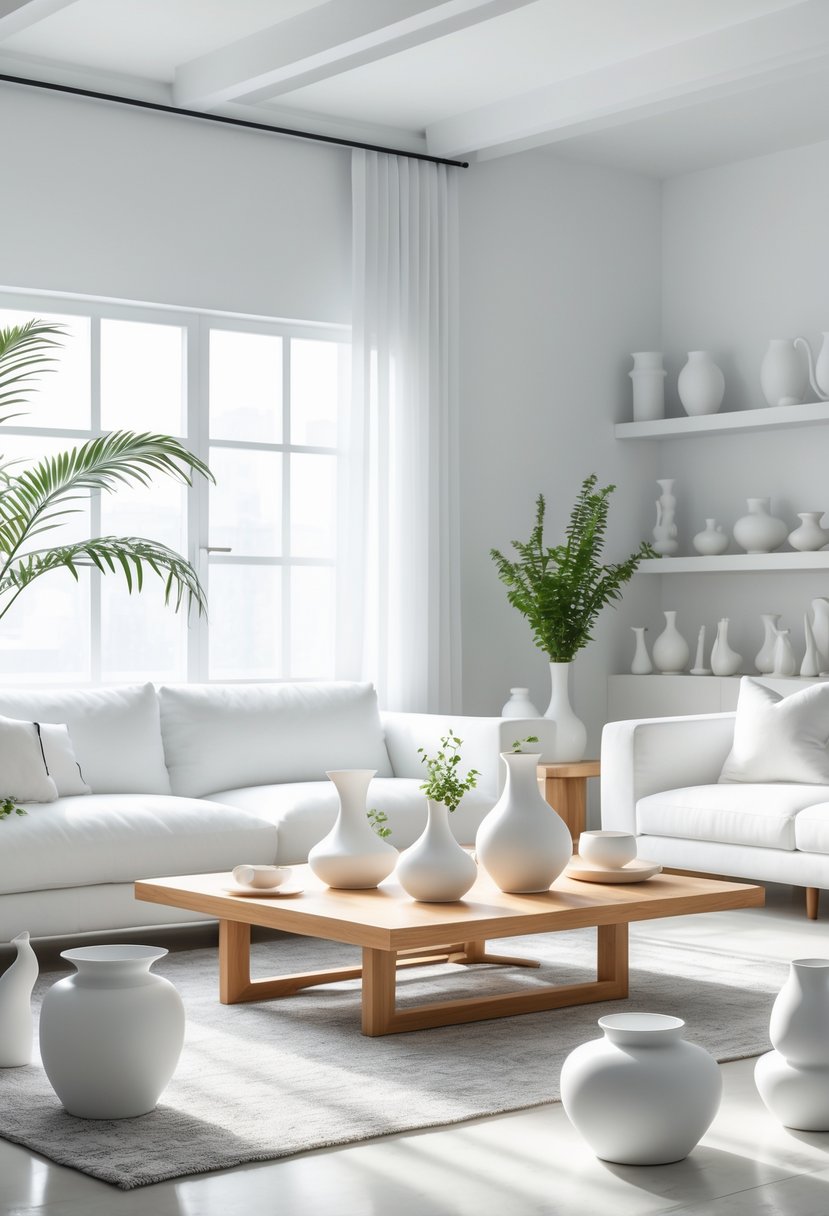 White Living Room Ideas 2026: 22 Elegant Designs for a Bright, Modern Space 23 A bright white living room with white ceramic vases and decor pieces arranged on a coffee table and shelves.