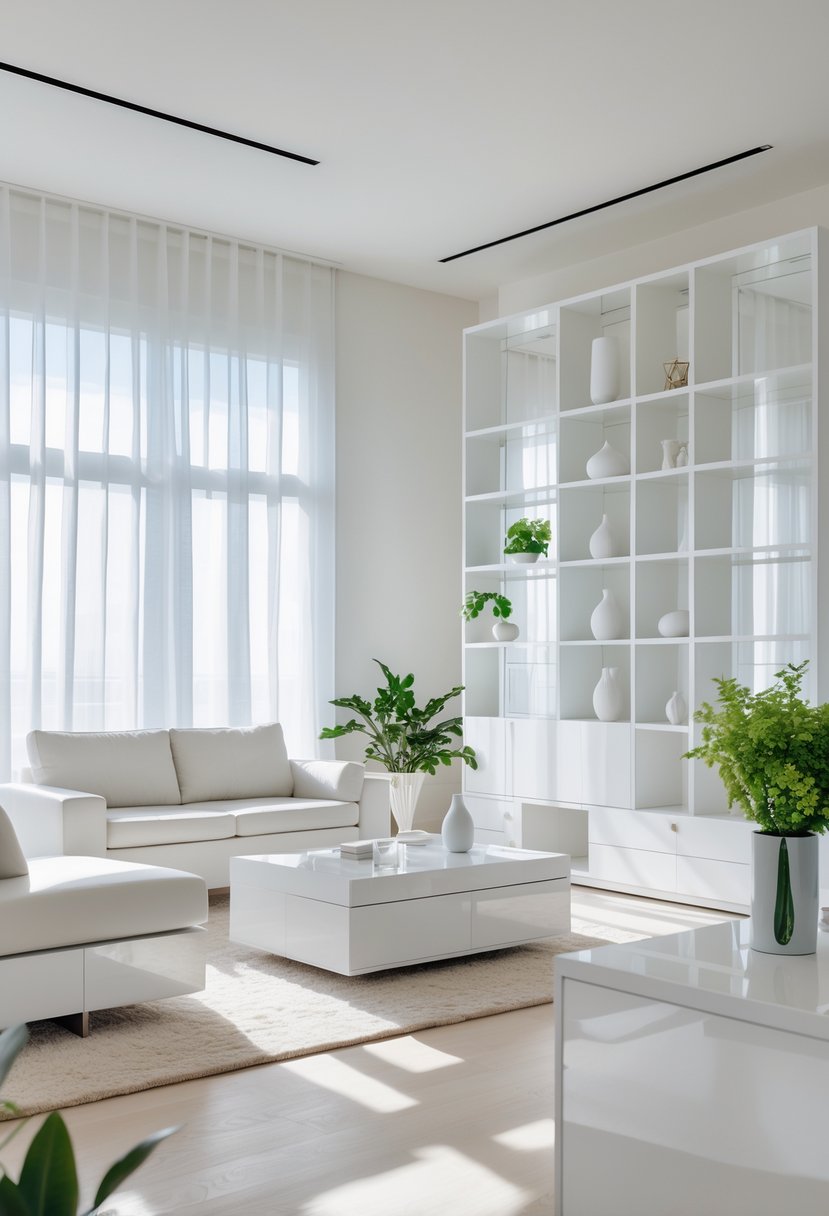 White Living Room Ideas 2026: 22 Elegant Designs for a Bright, Modern Space 24 A bright living room with white furniture, large windows, indoor plants, and natural light.