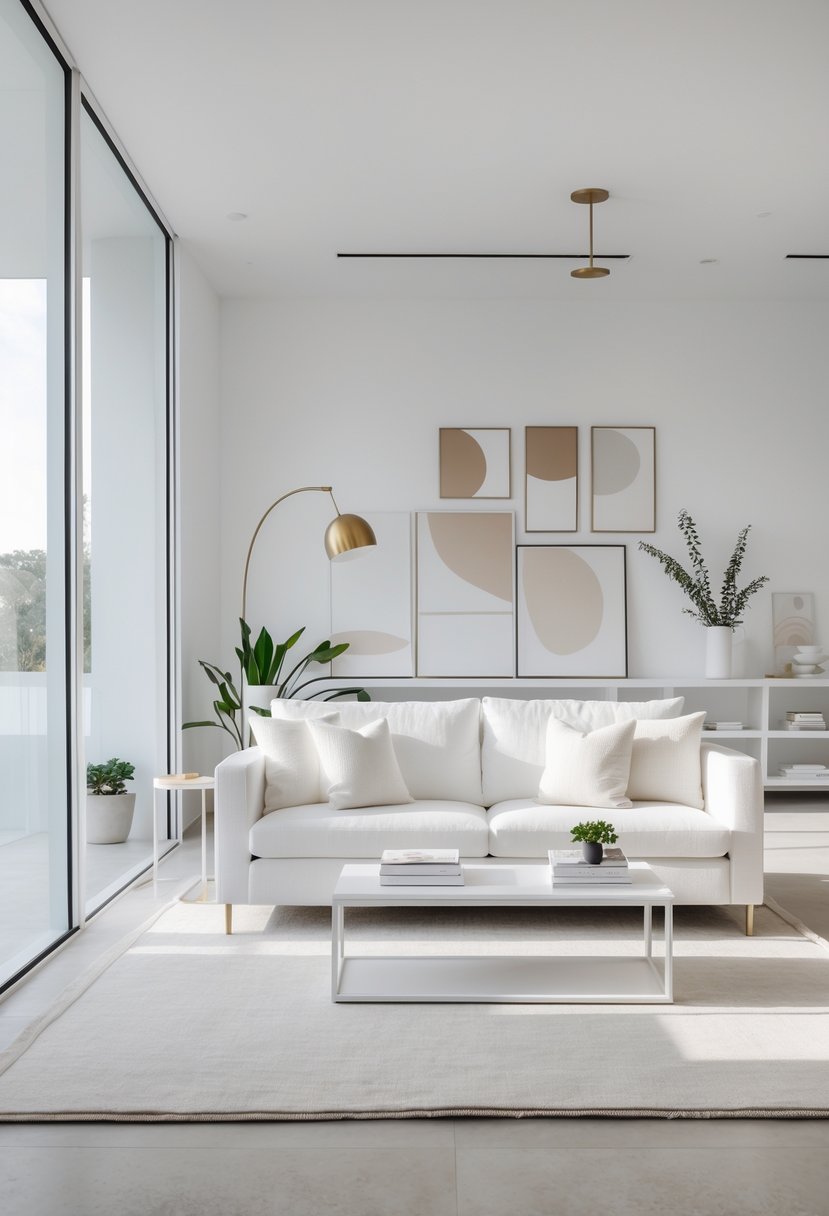 White Living Room Ideas 2026: 22 Elegant Designs for a Bright, Modern Space 25 A bright white living room with a sofa, coffee table, large windows, and decorative plants.