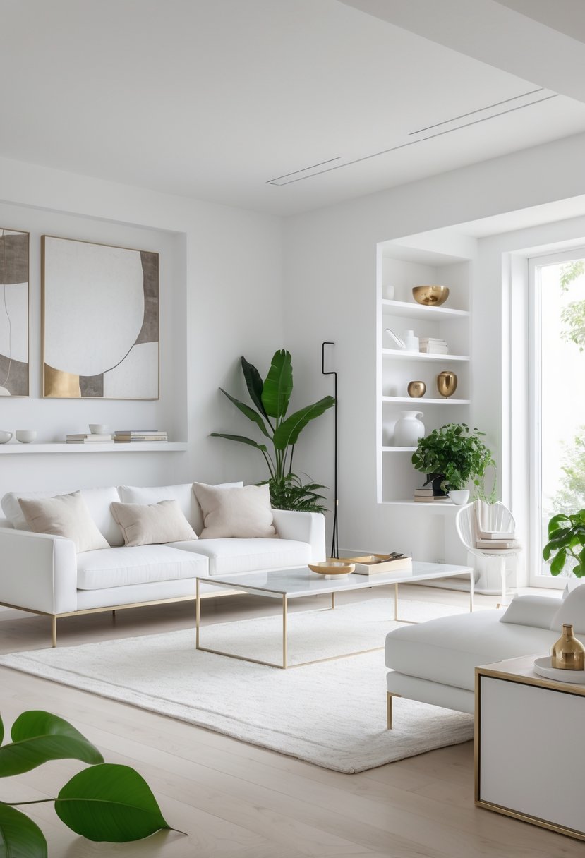 White Living Room Ideas 2026: 22 Elegant Designs for a Bright, Modern Space 26 A bright living room with white walls, a white sofa, a coffee table, indoor plants, and large windows letting in natural light.