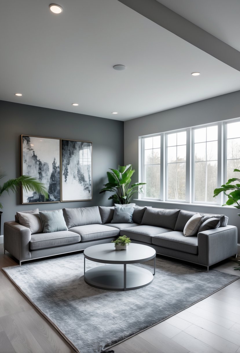 Gray Living Room Designs Ideas 2026: 21 Modern Concepts for Stylish Interiors 2 A spacious living room with a large gray sofa, coffee table, plants, and natural light coming through big windows.