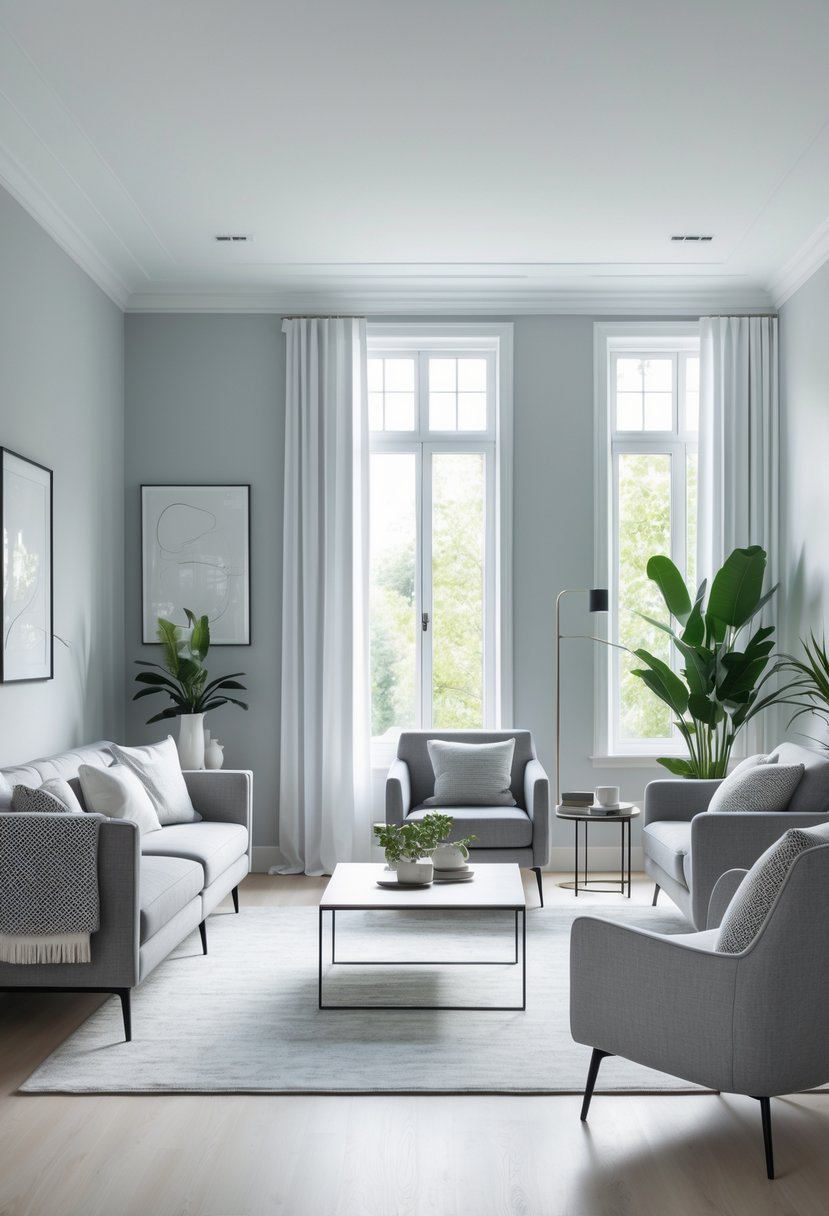 Gray Living Room Designs Ideas 2026: 21 Modern Concepts for Stylish Interiors 3 A living room with light gray walls, white trim, gray furniture, and natural light coming through large windows.