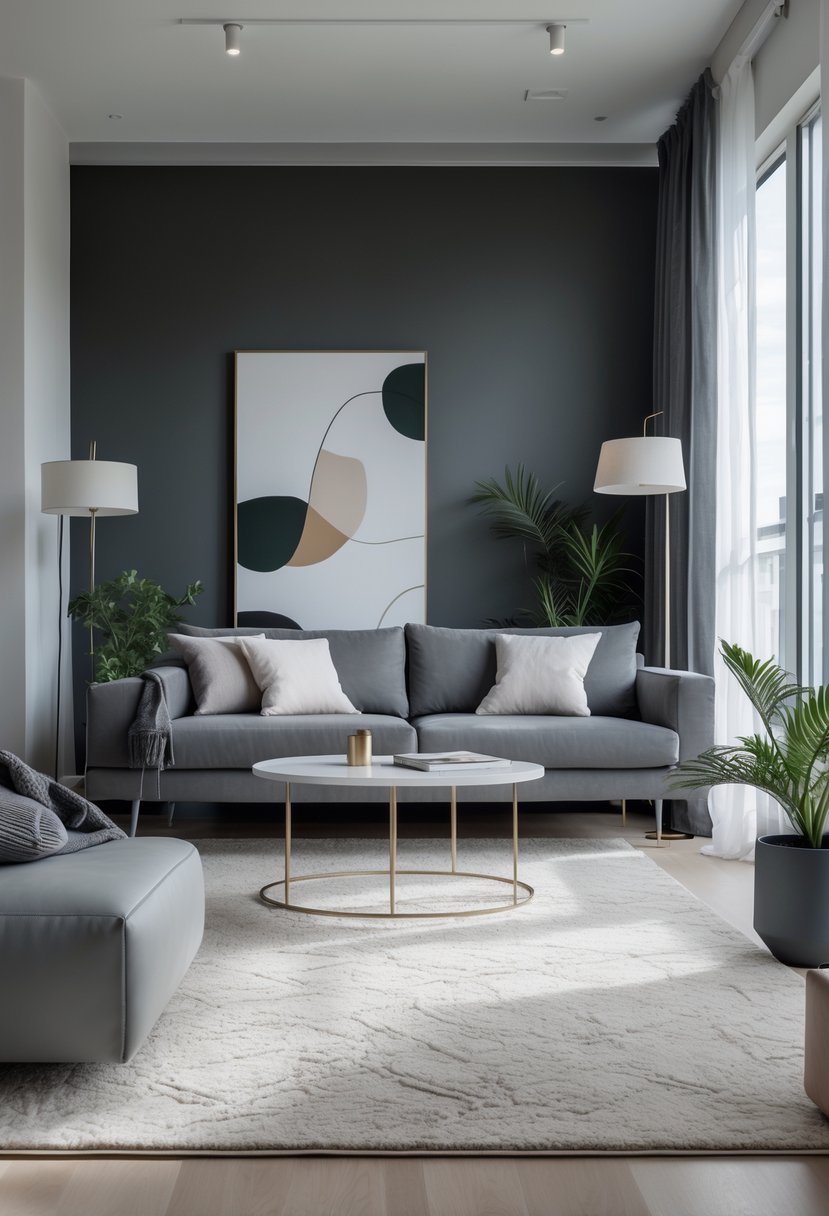 Gray Living Room Designs Ideas 2026: 21 Modern Concepts for Stylish Interiors 4 A living room with a charcoal accent wall, gray sofa, coffee table, floor lamps, large windows, and indoor plants.