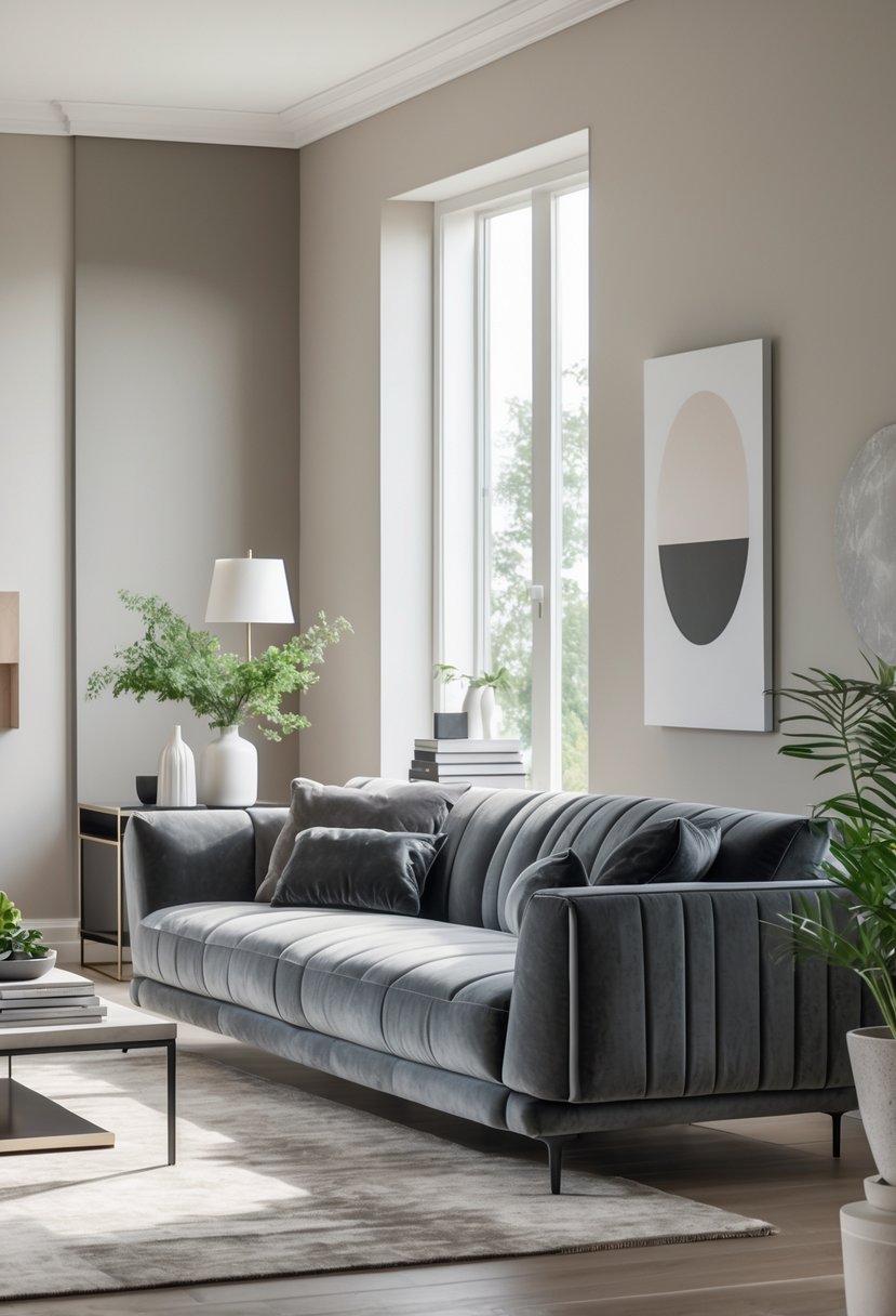 Gray Living Room Designs Ideas 2026: 21 Modern Concepts for Stylish Interiors 5 A gray velvet sofa in a bright living room with a coffee table, plants, and large windows.